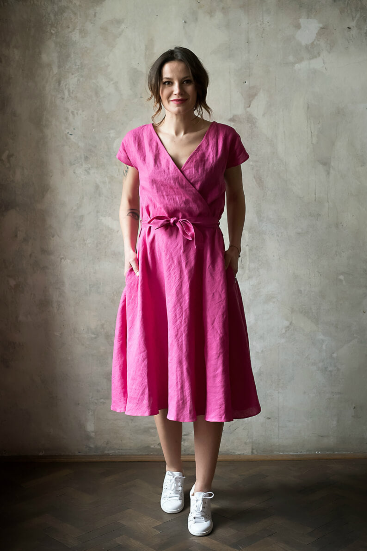 Florence Midi Linen Dress Fuchsia