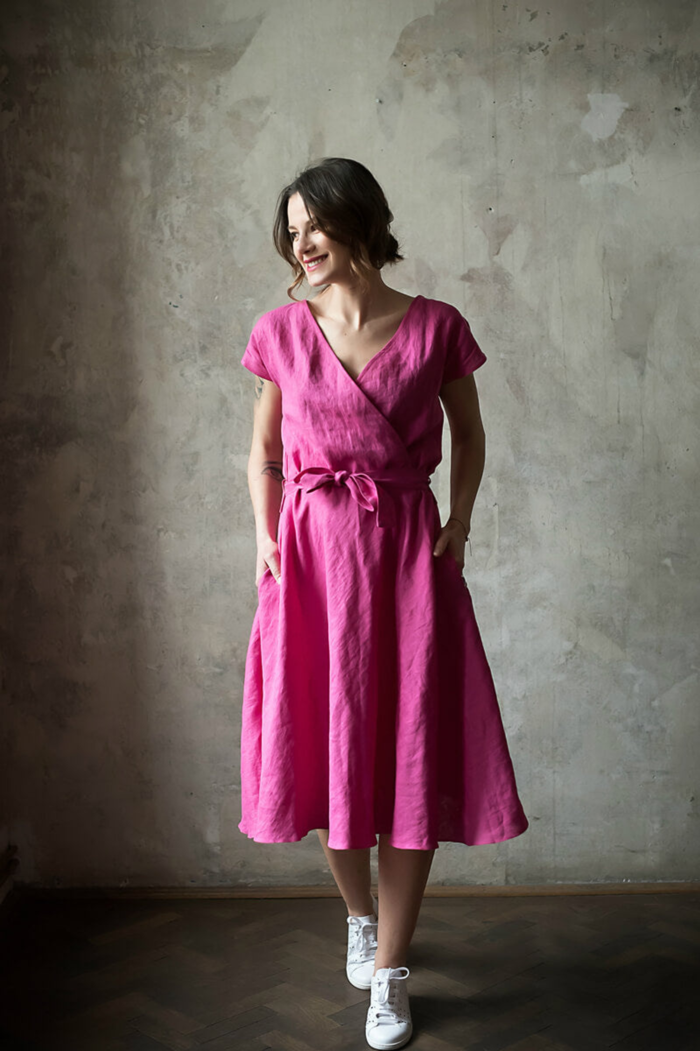 Florence Midi Linen Dress Fuchsia