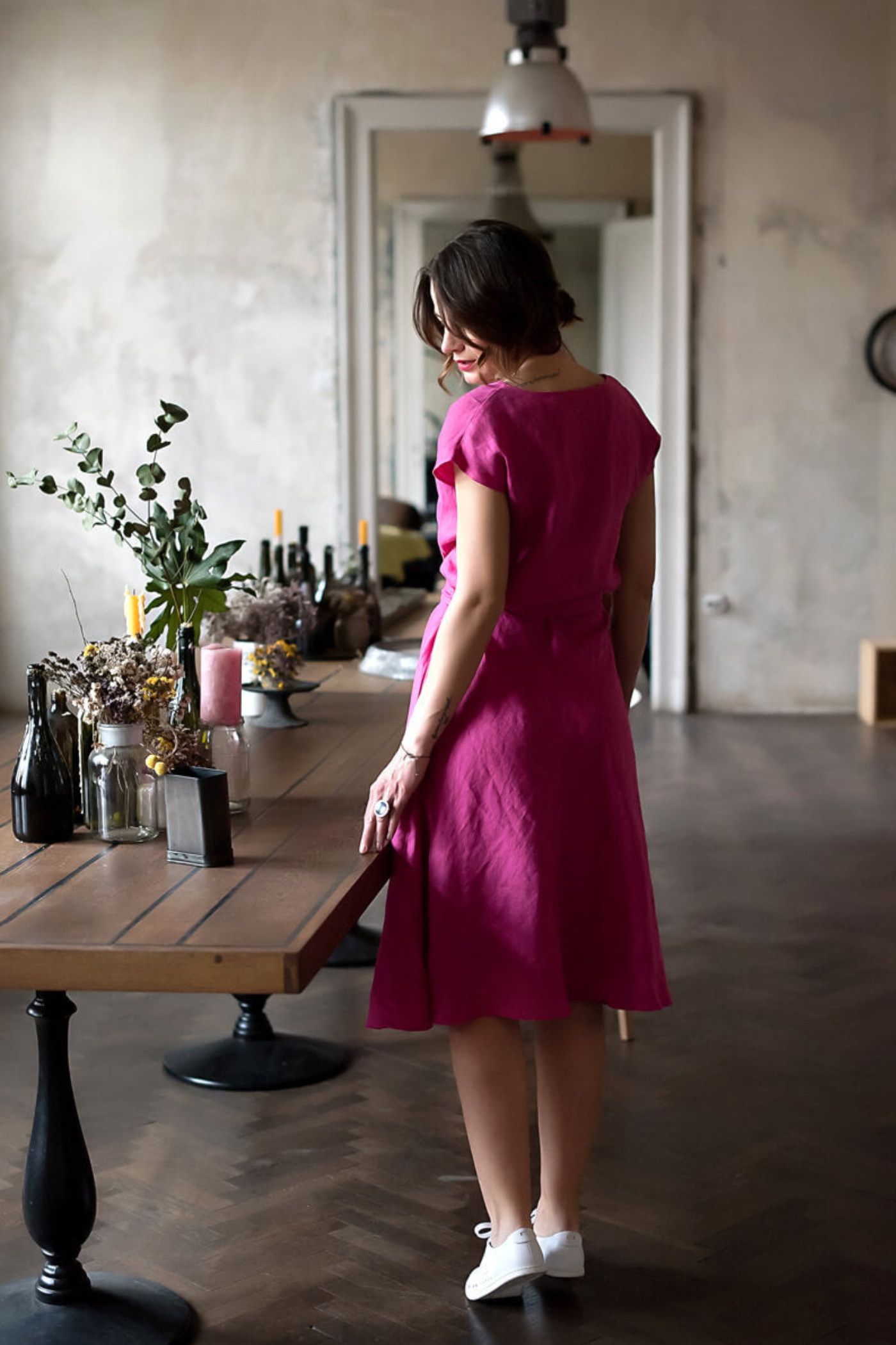 Florence Midi Linen Dress Fuchsia