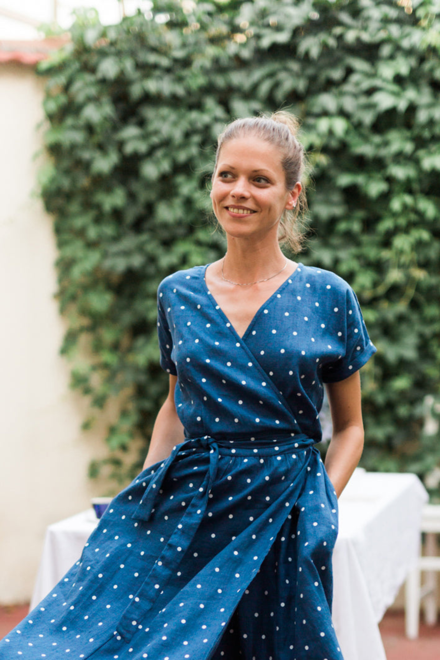 Linen Wrap Dress Alma Navy with Dots