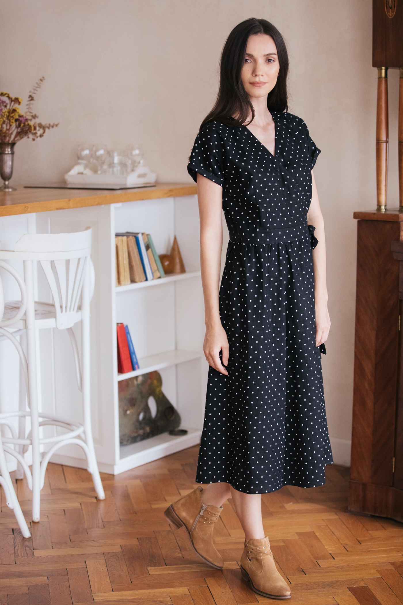 Linen Wrap Dress Alma Black with Dots