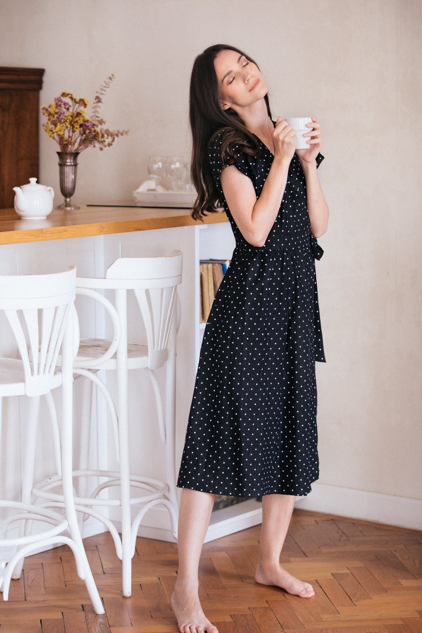 Linen Wrap Dress Alma Black with Dots