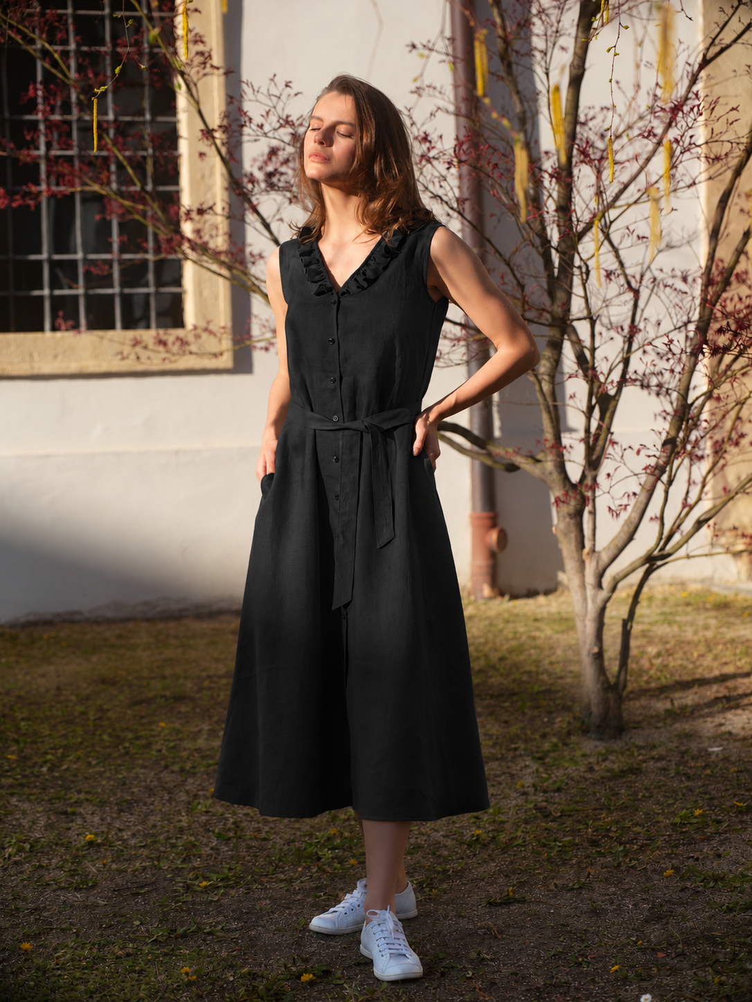 Rochie Lungă Din In Anemone Negru