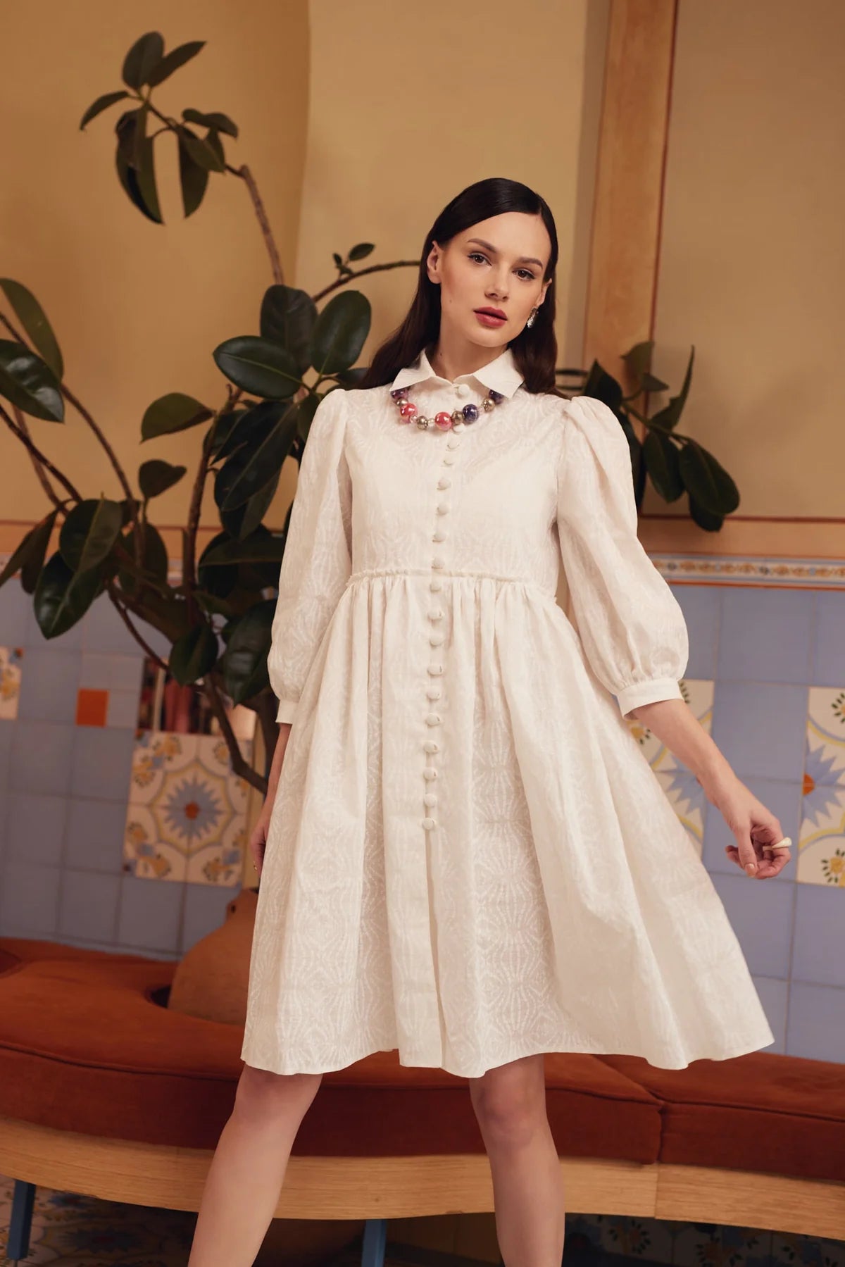 Rochie din In cu Guler și Nasturi Îmbrăcați - Alice in Wonderland