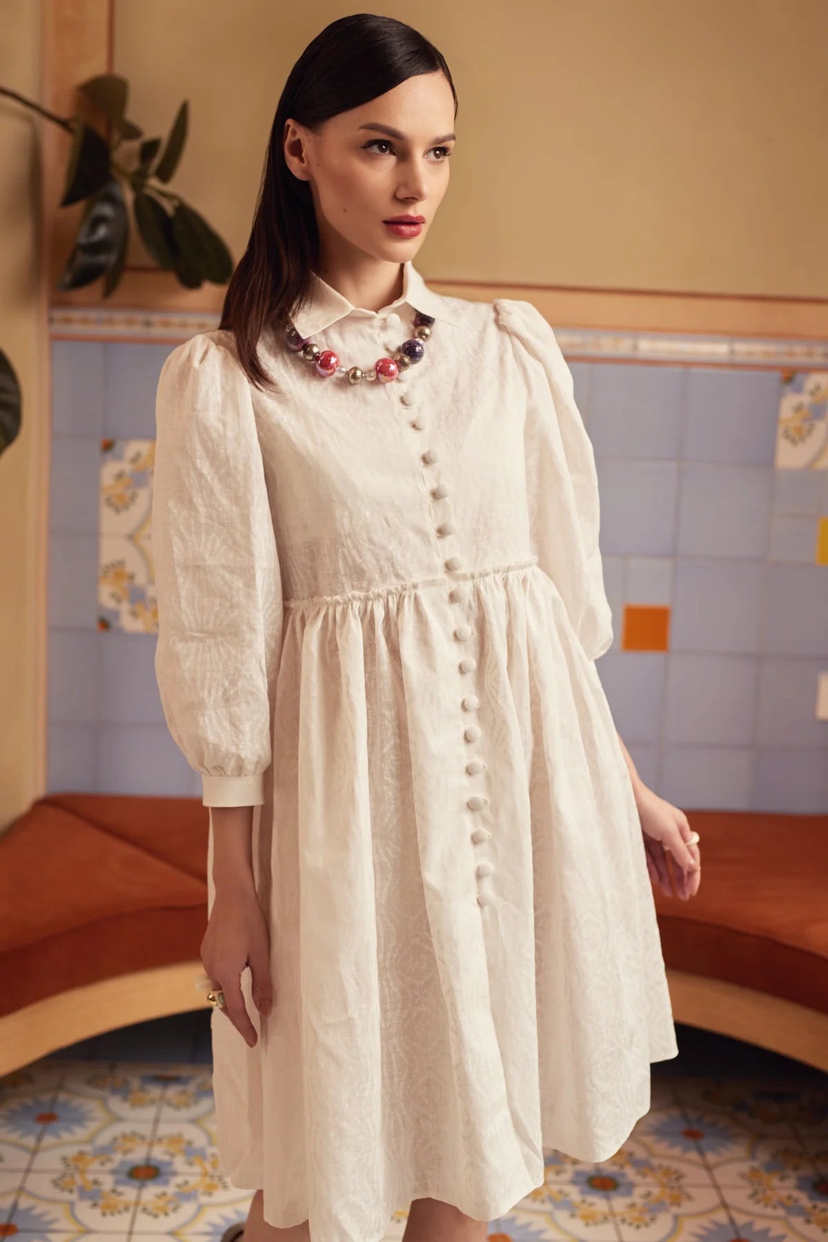 Rochie din In cu Guler și Nasturi Îmbrăcați - Alice in Wonderland