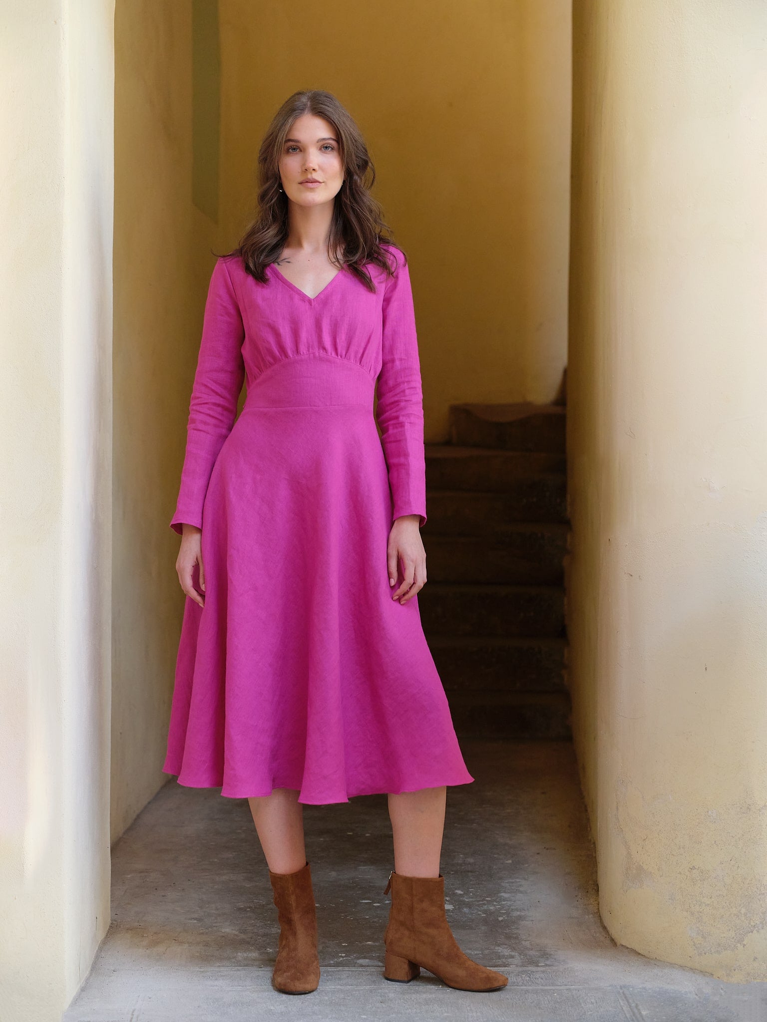 Rochie din In cu mânecă lungă Sophia Fucsia