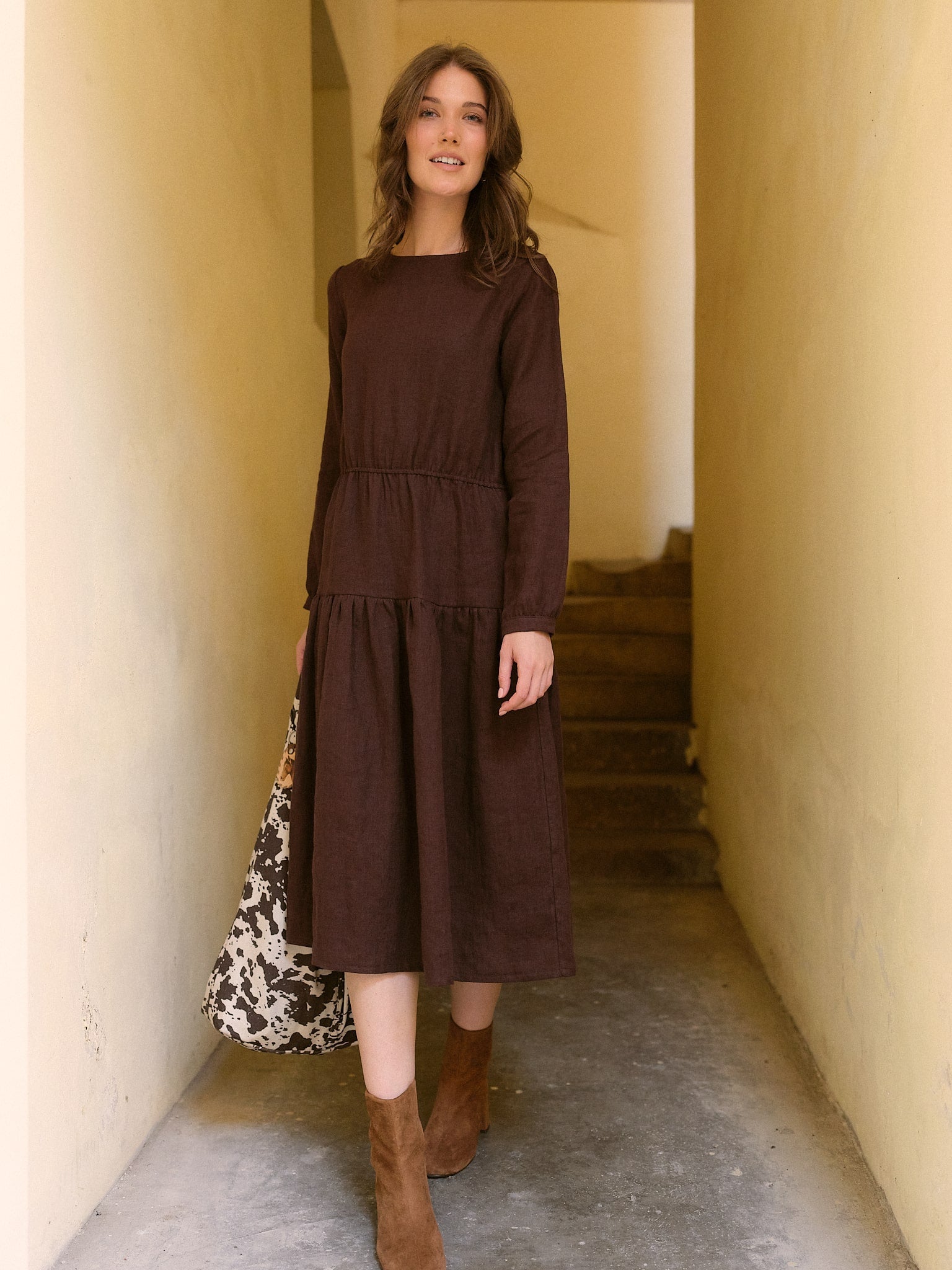 Rochie Lungă Din In Noemi Brun Ciocolată