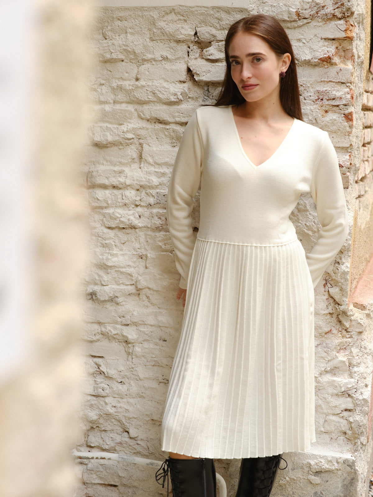 Rochie Plisată Tricotată Din Lână Merinos Ivoire