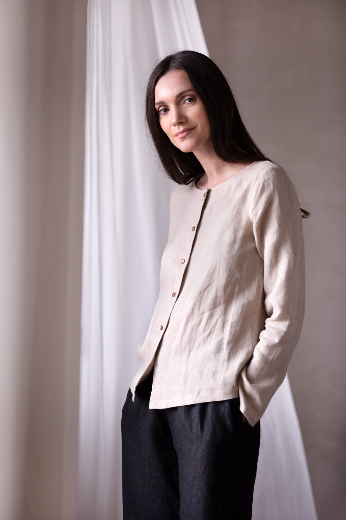 MEGHAN Long Sleeve Linen Blouse with Buttons