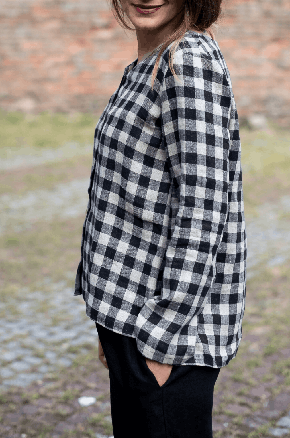 Bluză Din In Lejeră, Cu Nasturi Katelyn Carouri Alb Negru