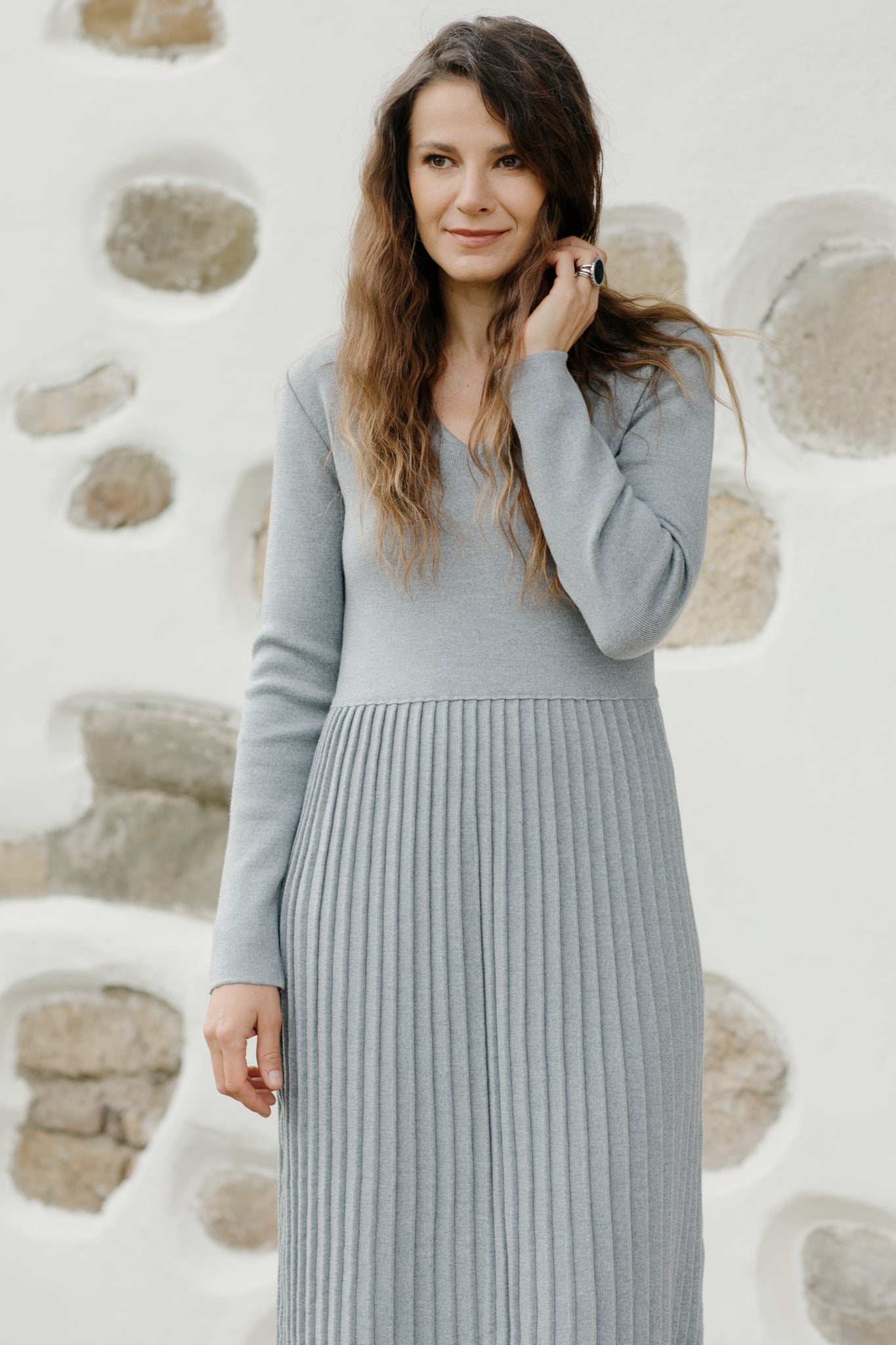 Merino wool knitted pleated dress