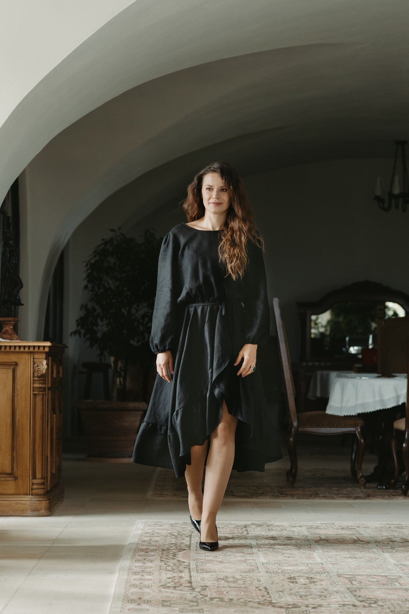 Story Ruffled Asymmetrical Dress Black