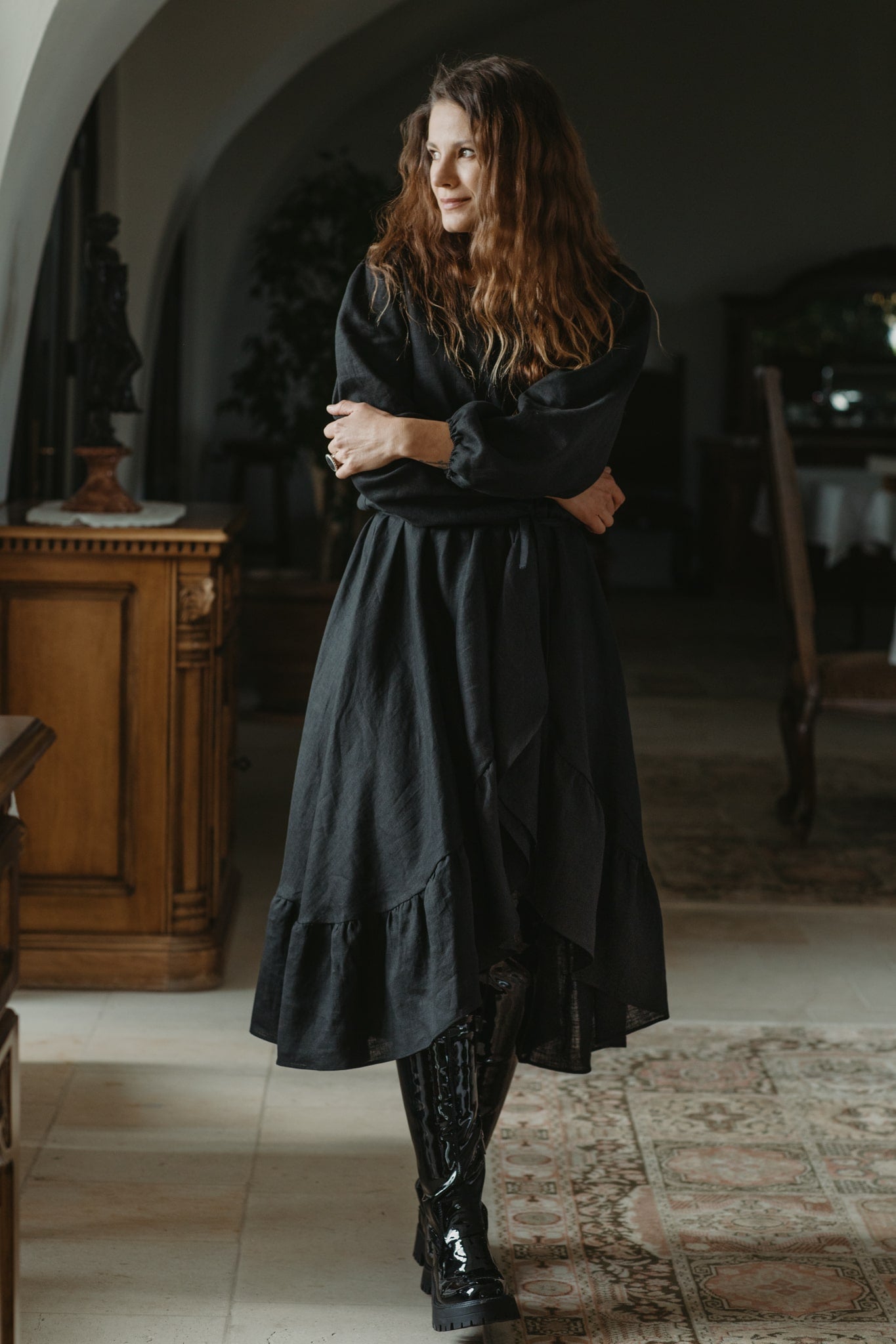 Story Ruffled Asymmetrical Dress Black