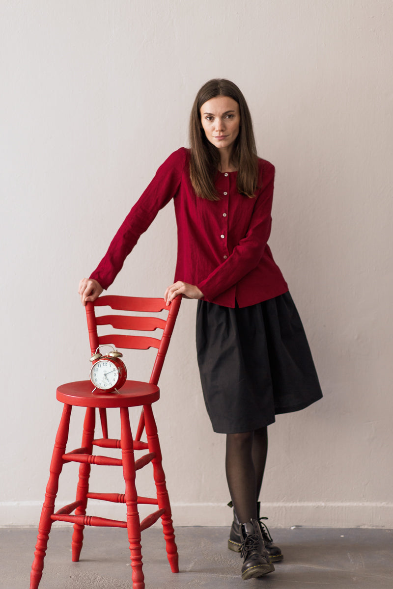 MEGHAN Long Sleeve Linen Blouse with Buttons Burgundy