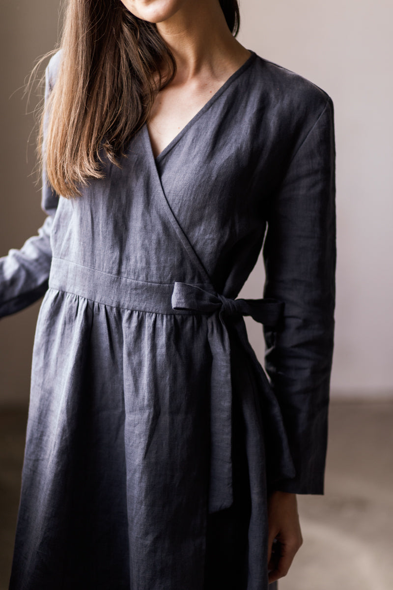 Nora Linen Wrap Dress with Long Sleeves Dark Grey