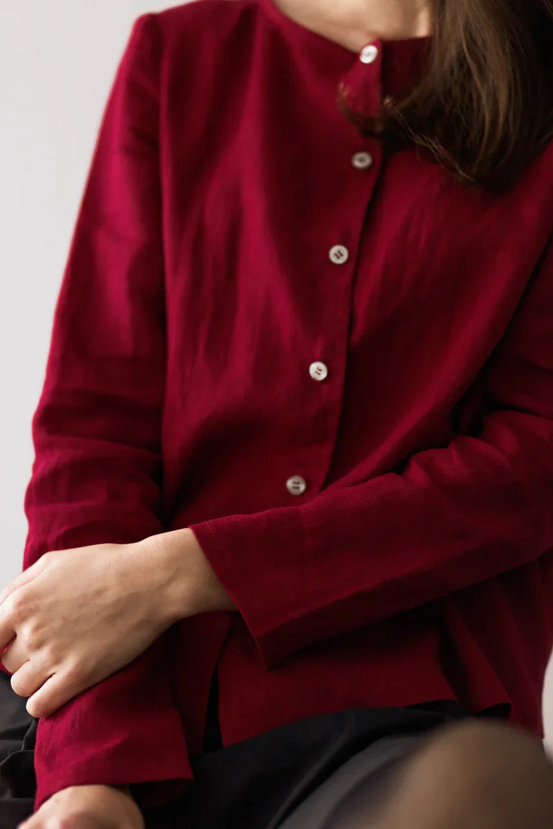 MEGHAN Long Sleeve Linen Blouse with Buttons Burgundy