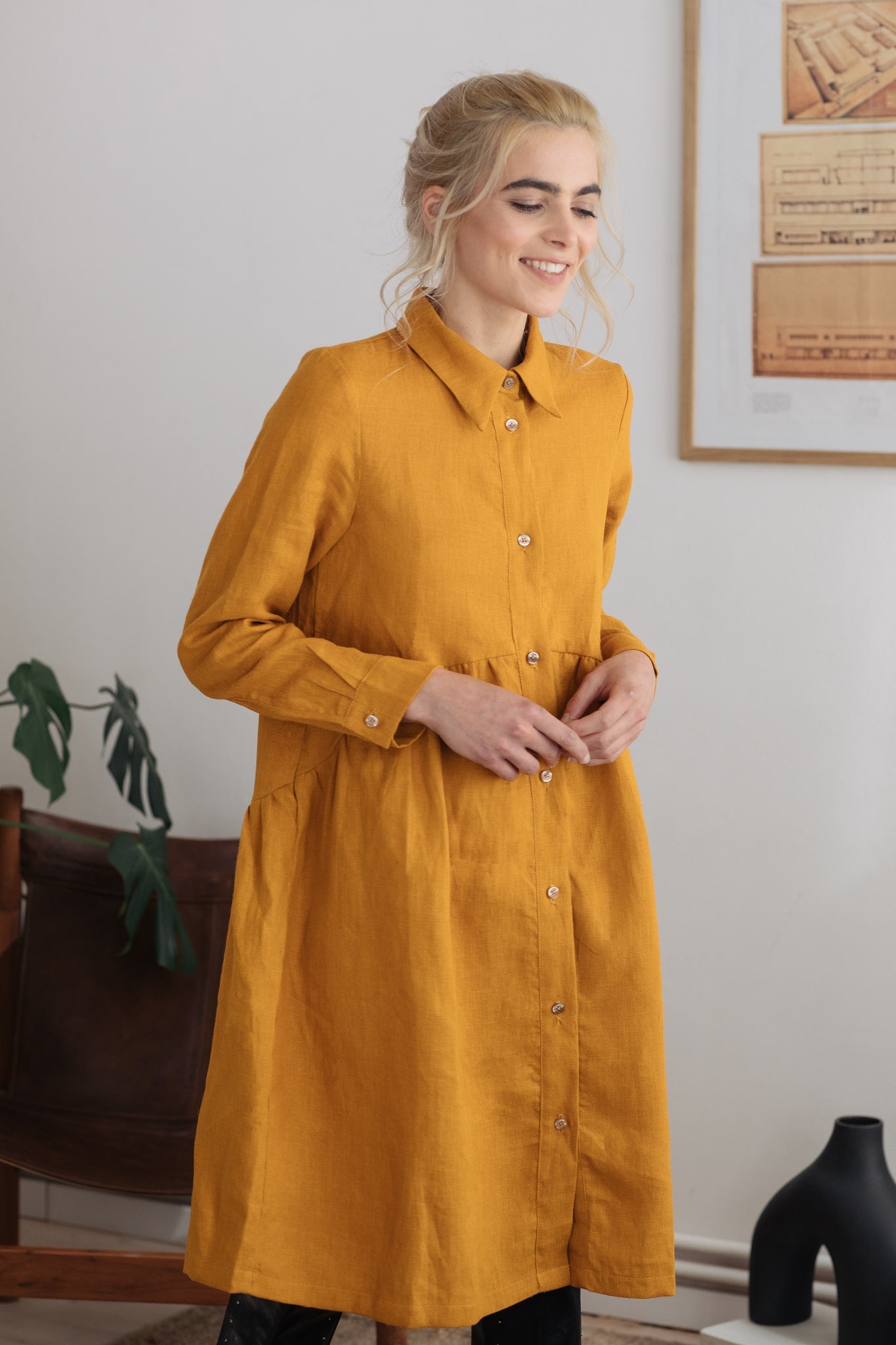 Ivy Long Sleeve Linen Dress Honey Yellow