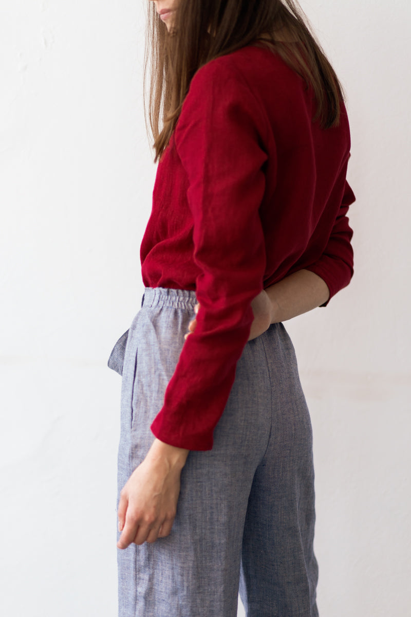 MEGHAN Long Sleeve Linen Blouse with Buttons Burgundy